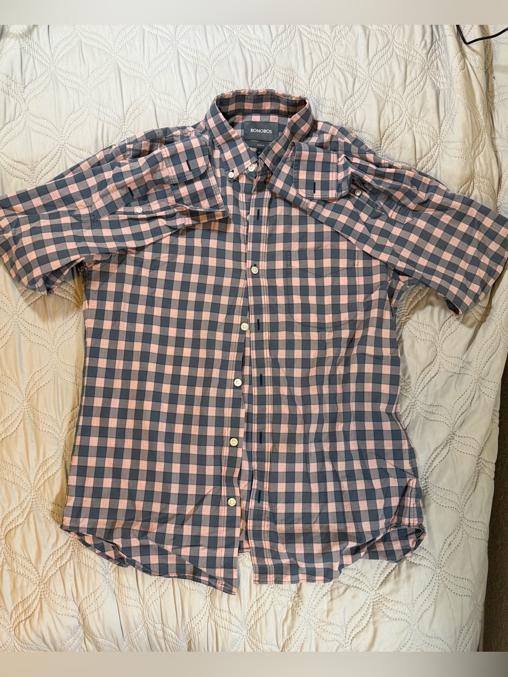 Bonobos‎ Slim Fit Mens Medium Blue Pink Plaid Long Sleeve Button Shirt